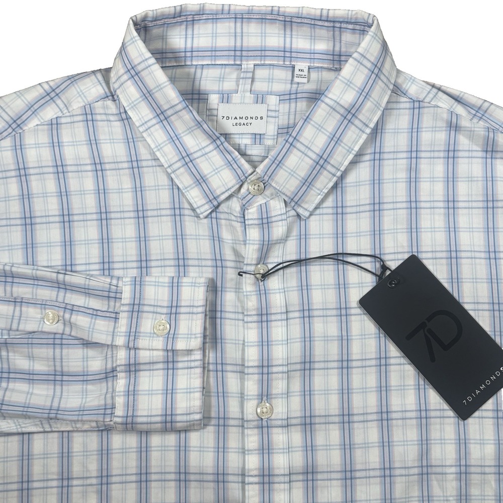 7Diamonds Button Down Shirt Mens XXL White Blue Plaid Supima Cotton SMKL-7608